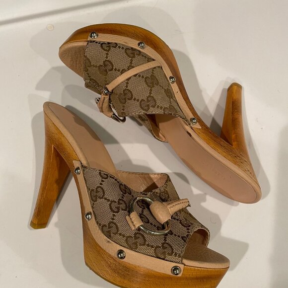 GUCCI -Beige/Tan GG Canvas Horsebit Platform Clogs (US 9) - Picture 2 of 5